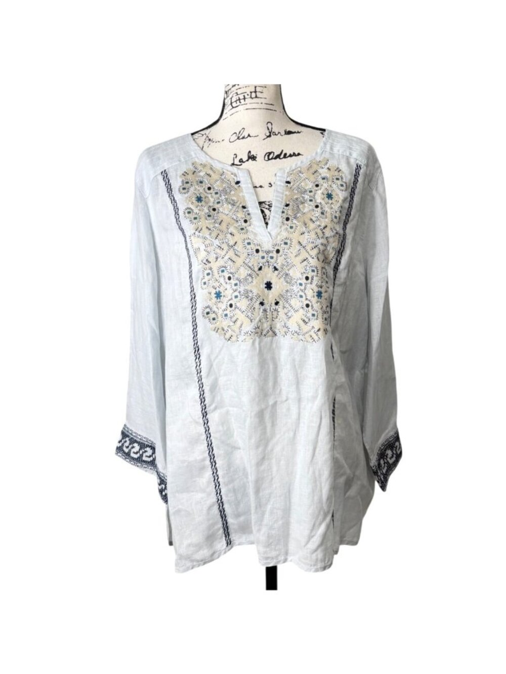 John Mark Womens Size 1X Embroidered Floral Tunic Linen Top Boho Blue Gray
